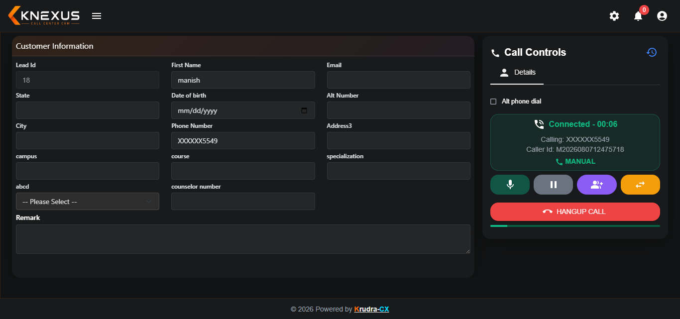 KRUDRA-CX Call Connected Agent Panel screen